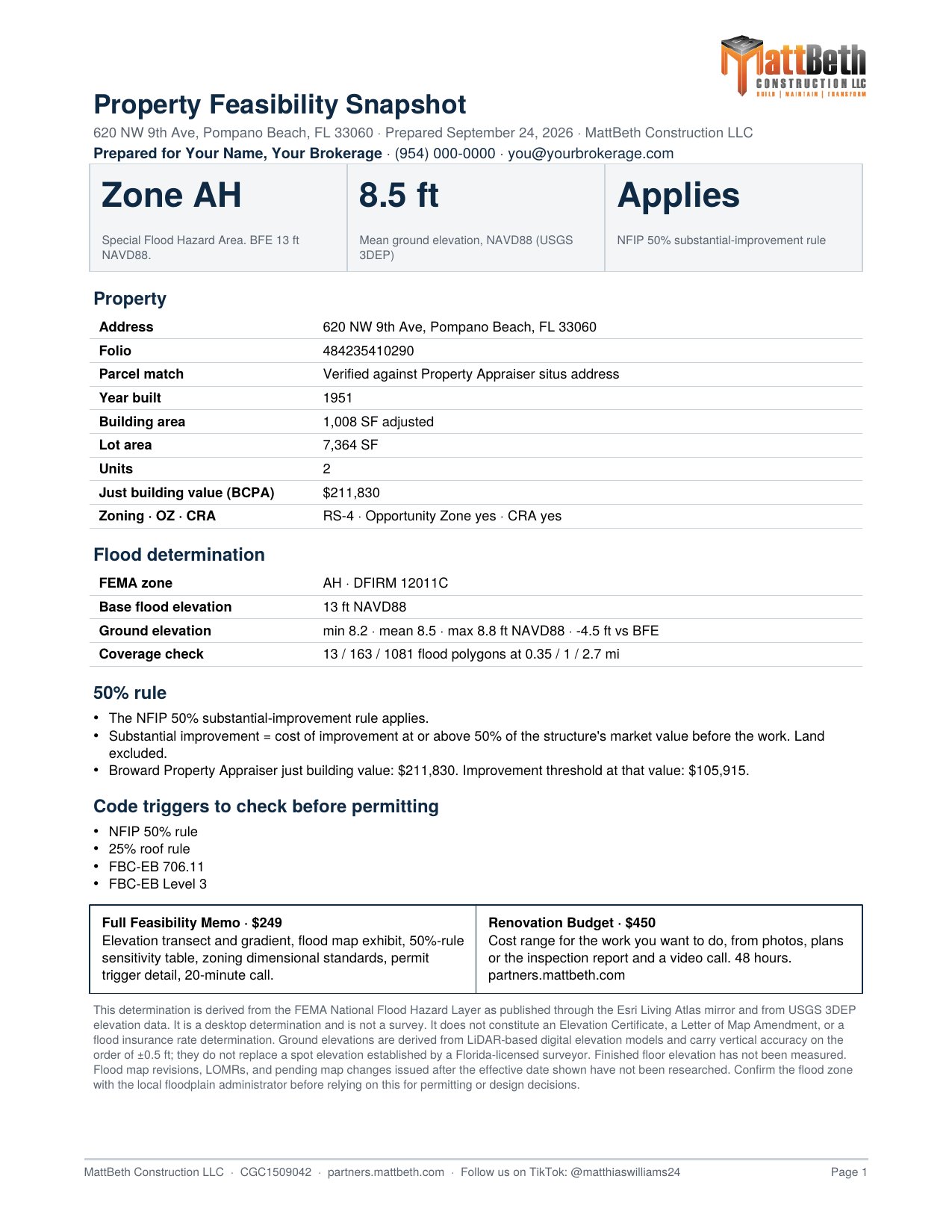 Sample Property Feasibility Snapshot for 620 NW 9th Ave, Pompano Beach